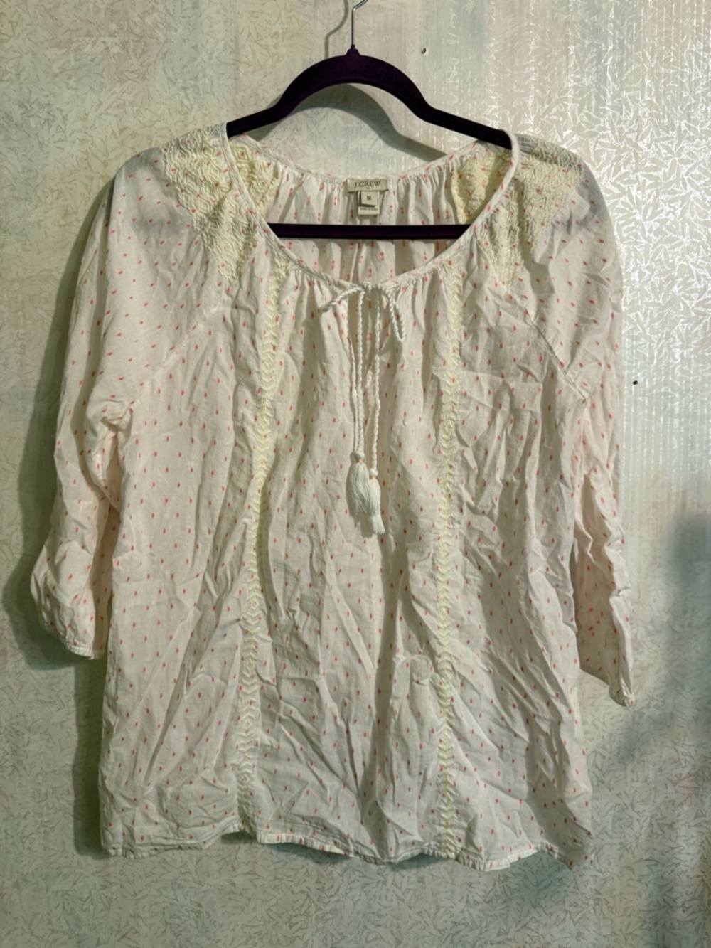 J. Crew Sheer Peasant Top With Tiny‎ Pink Diamond Print , Lace Detail On Collar